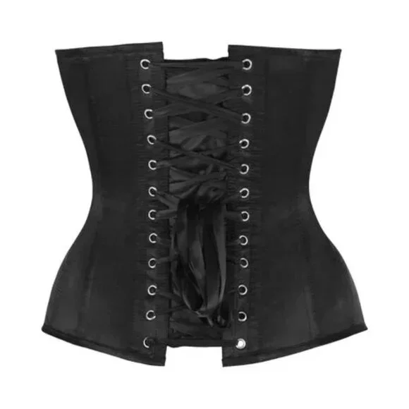 Steel Boned Black Satin Plunge Neckline Overbust Corset - Picture 3 of 3